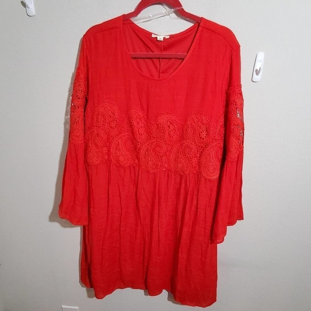 Indigo Rose BOHO Red bell sleeve crocheted lace skater mini dress plus 3X